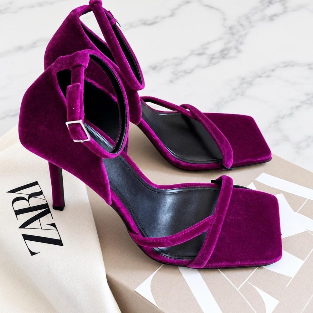 Zara Women Purple Velvet Strappy Square Toe Stiletto Ankle Strap Heels